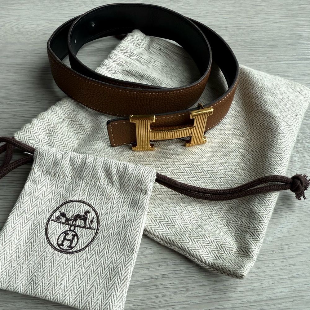 HERMES Brown Leather Belt with Gold Buckle
